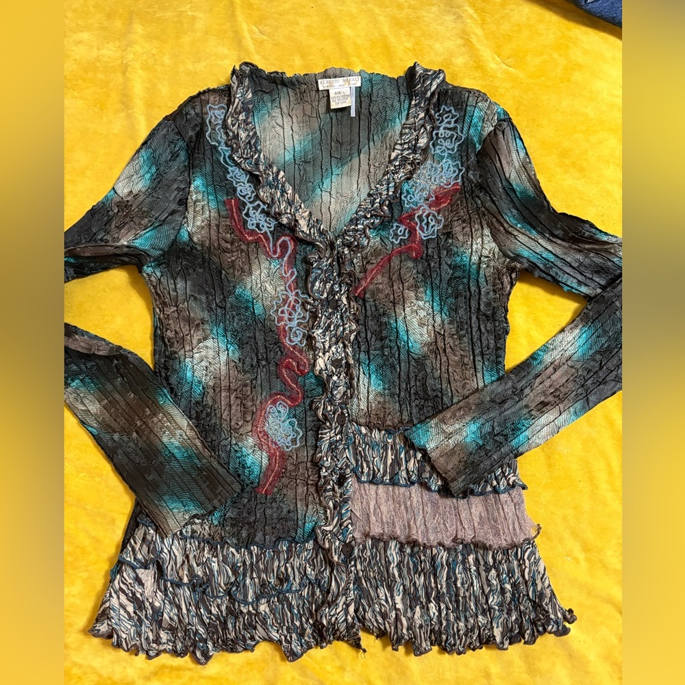Stunning Alberto Makali Teal and Brown Ruffled Blouse!